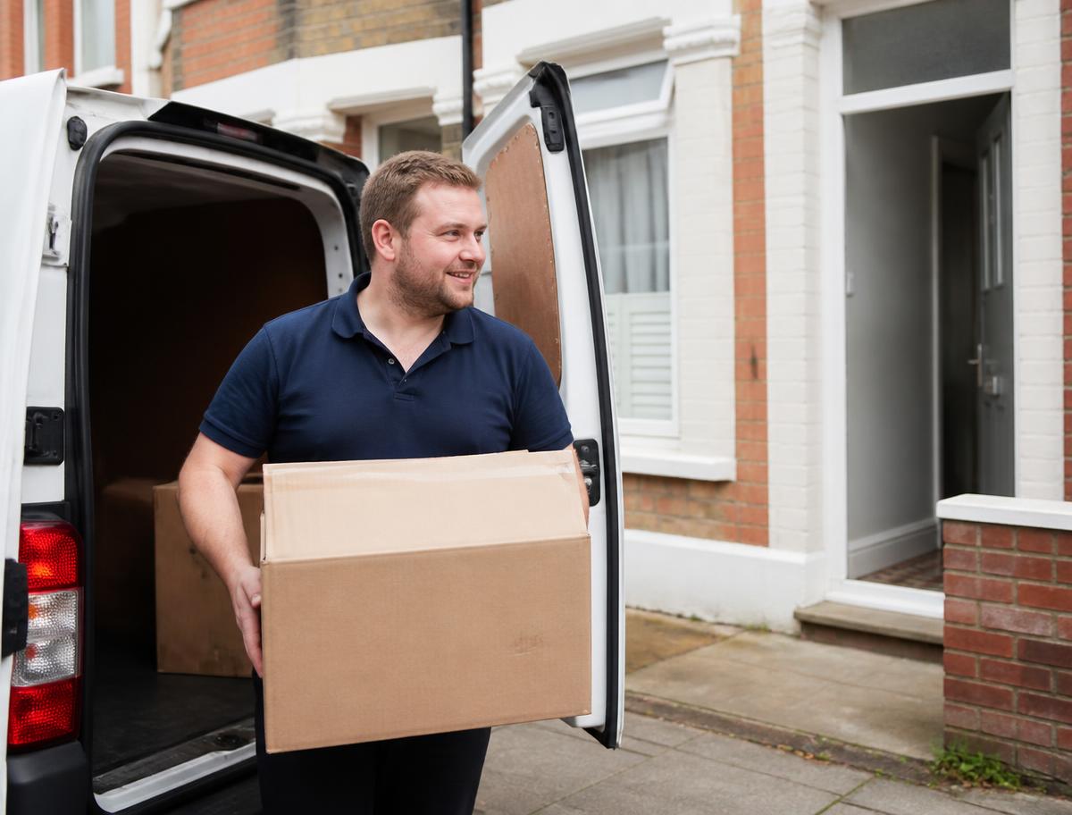Man carrying a moving box from the back of a van outside a house